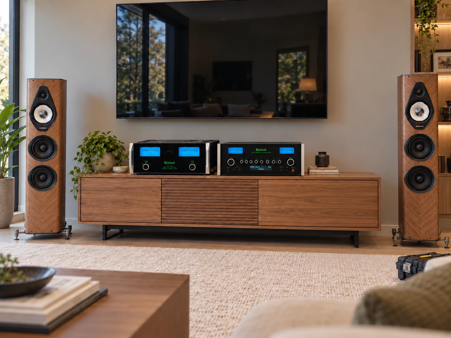 Living room with a television, walnut floor-standing speakers and a stereo system